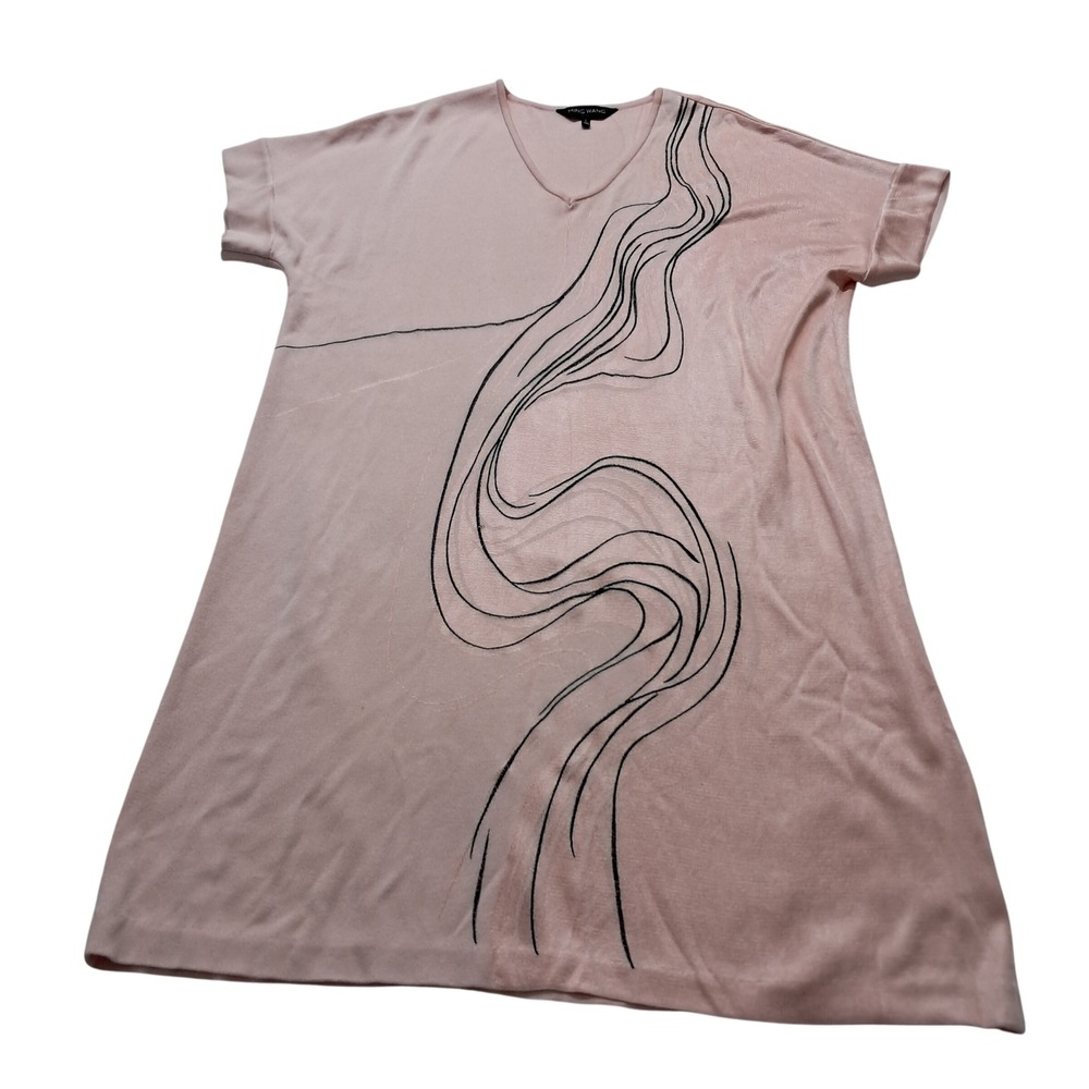 Ming Wang Dress Womens Large Pink Abstract Swirl V-Neck Artsy Short Sleeve